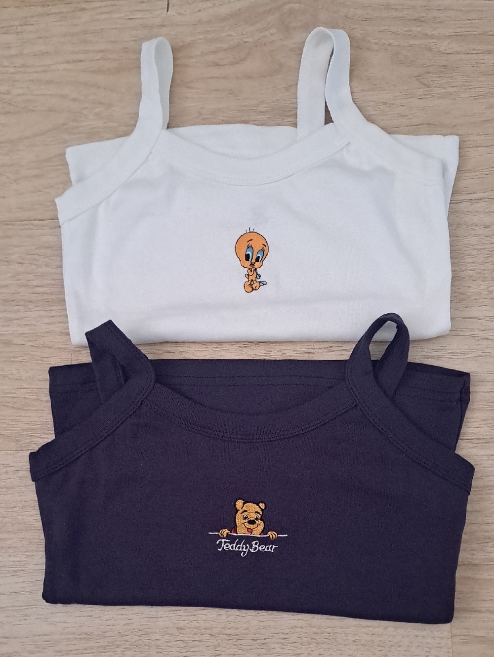 Kids 2-Pack Sleeveless Tank Tops - White & Navy with Embroidered Characters